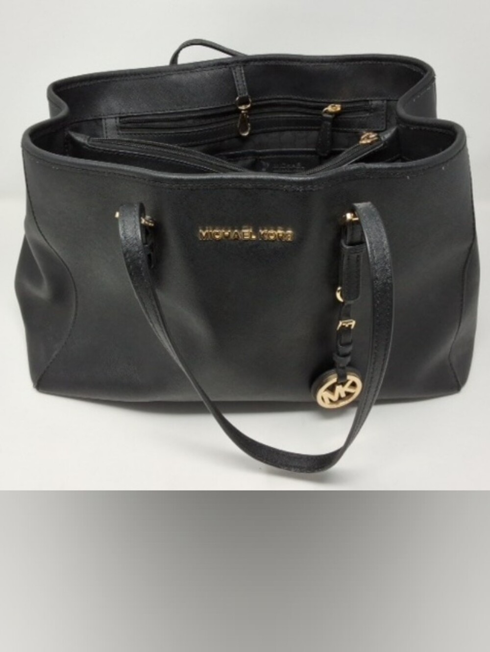 Faux Michael Kors Black Leather Tote with Gold MK Hardware